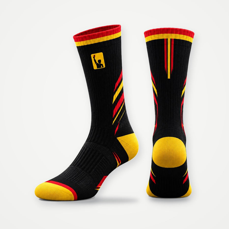 Calcetines técnicos de árbitro Referee Top negros con franjas rojas y amarillas, edición tarjetas