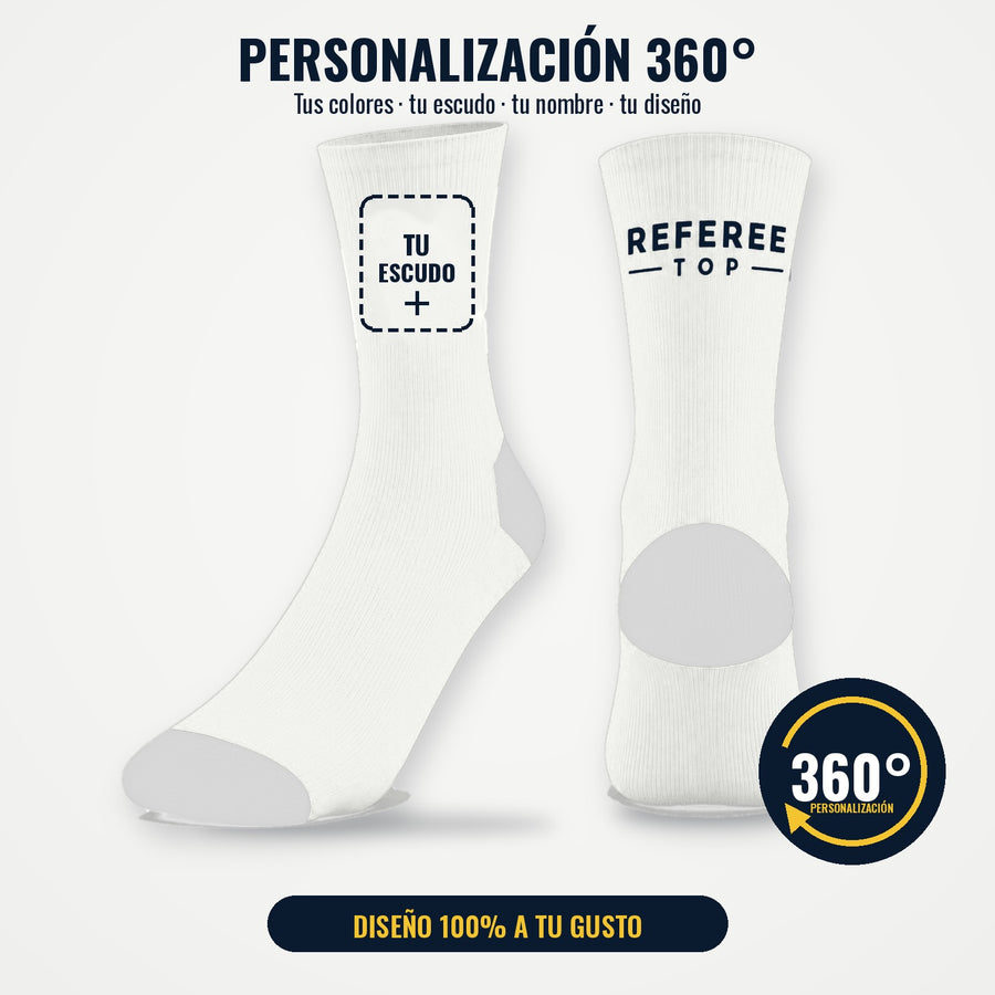 Calcetines técnicos de árbitro personalizados en blanco: personalización 360° con tus colores, escudo y nombre