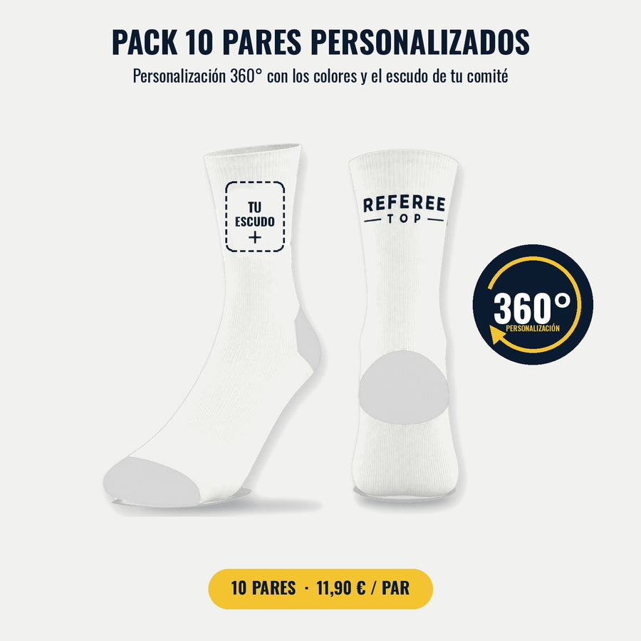 Pack de 10 calcetines de árbitro personalizados, personalización 360° con los colores y el escudo del comité